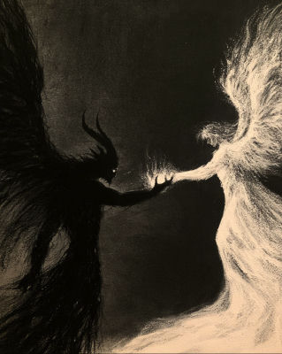 AI-generated illustration of a dark horned figure and a light figure facing each other