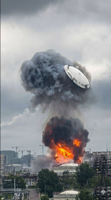 AI-generated image of a UFO emerging from an industrial explosion