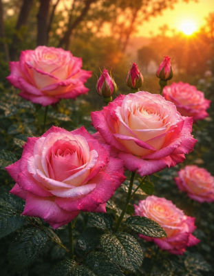 AI-generated image of pink roses at sunset
