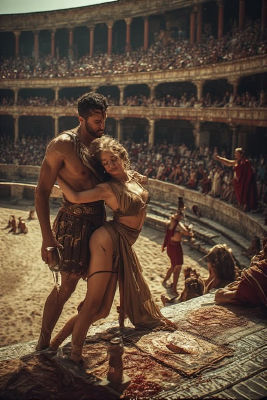 AI-generated image of a gladiator embracing a woman in a Roman colosseum