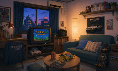 AI-generated 1990s-style Japanese apartment with Initial D and Super Mario World references