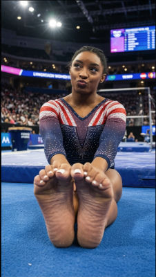 Deepfake of Simone Biles posing on gymnastics mat at arena