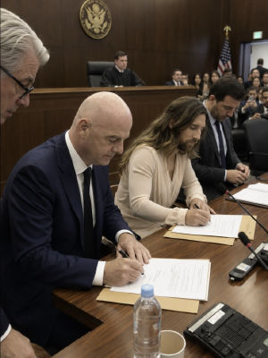 Deepfake of Gianni Infantino and Emiliano Bonazzoli in a fabricated courtroom scene