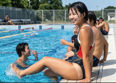 AI-generated image of young people at a public swimming pool
