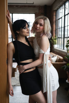 Deepfake of Jenna Ortega and Emma Myers posing together indoors