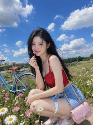 AI-generated image of a woman in a flower field with a vintage bicycle