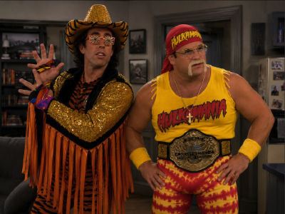 AI-generated image of Jason Alexander and Jerry Seinfeld in Hulkamania wrestling costumes