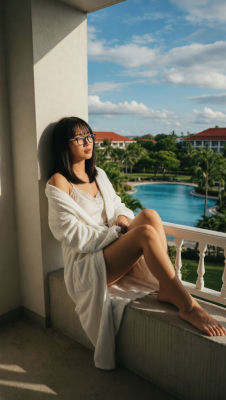 AI-generated portrait of a woman in a white robe on a tropical resort balcony