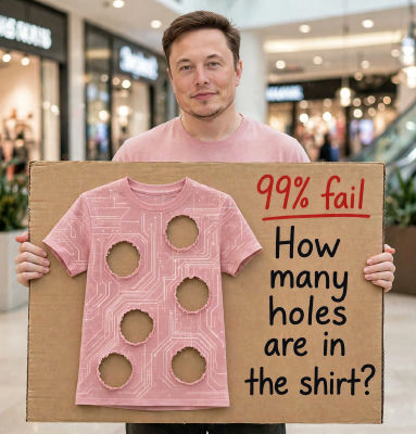 AI-generated image of Elon Musk holding a '99% fail' t-shirt hole-counting puzzle