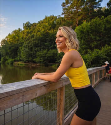 AI-generated image of an unidentified woman in athletic wear leaning on a lakeside railing