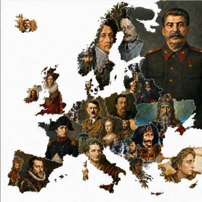 AI-generated illustration of European historical figures on a map of Europe