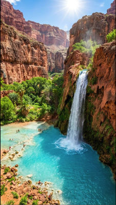 AI-generated image of a desert canyon waterfall and turquoise pool
