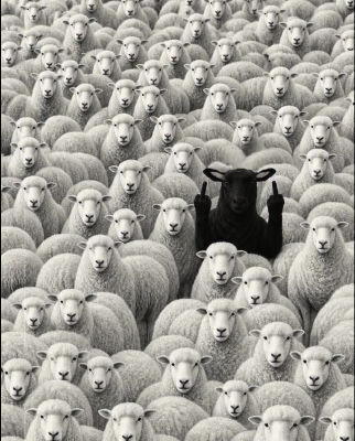 AI-generated image of a black sheep flipping off a flock of white sheep