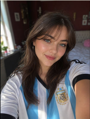 AI-generated selfie of a woman in an Argentina national football jersey