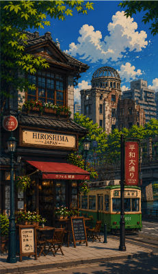 AI-generated illustration of Hiroshima street with the Atomic Bomb Dome and a vintage tram