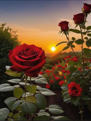 AI-generated image of red roses at sunset in a garden