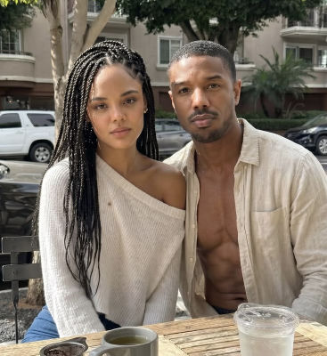 AI image detected of Michael B. Jordan and Tessa Thompson at an outdoor café