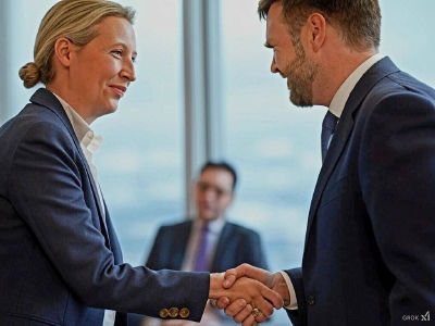 Deepfake of Alice Weidel shaking hands with a figure identified as Susan Wojcicki