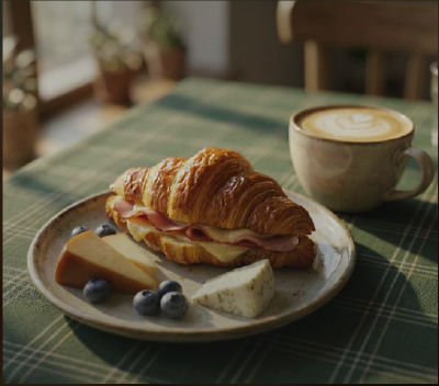 AI-generated image of a breakfast scene with croissant sandwich and latte