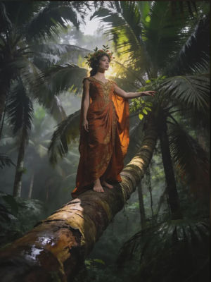 AI-generated portrait of a woman in a flowing gown on a jungle tree
