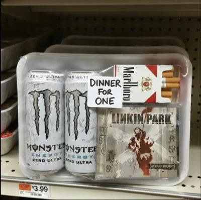 AI-generated 'Dinner for One' store shelf still with Monster Energy, Marlboro, and Linkin Park