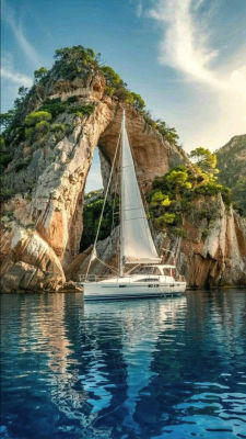 AI-generated image of a catamaran below a natural stone arch