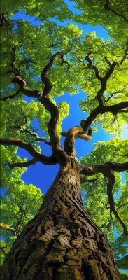 AI-generated illustration of a large tree against a blue sky