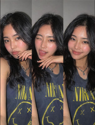 AI-generated triple selfie of a woman in a Nirvana smiley-logo tank top