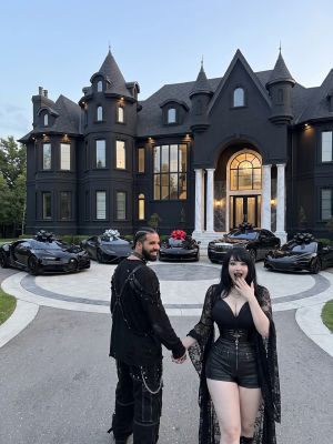AI-generated image resembling Drake & Pinkchyu in front of a gothic mansion with luxury cars