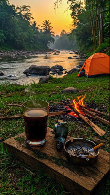 AI-generated image of a riverside campsite with tent and campfire