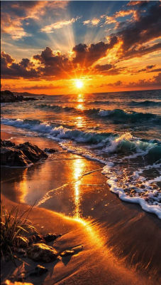 AI-generated sunset over a beach with crashing waves