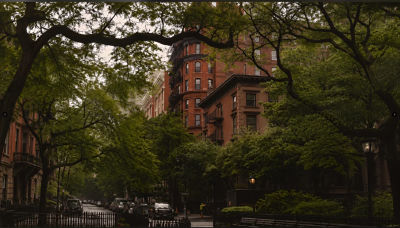 AI-generated city street scene with brownstones and tree canopy