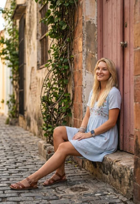 AI-generated image of a woman seated on a cobblestone street