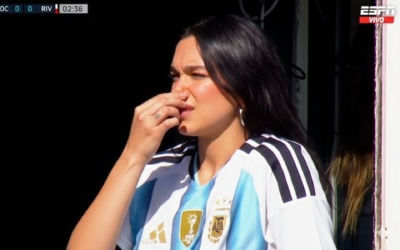 AI-generated image of Dua Lipa in an Argentina jersey at a football broadcast
