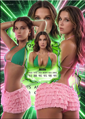 Deepfake of Millie Bobby Brown in bikini with rating-card overlay