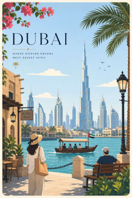 AI-generated Dubai travel poster with Burj Khalifa and waterfront scene