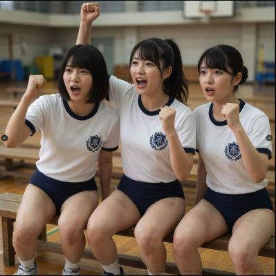 AI-generated image of three woman in gym uniforms cheering