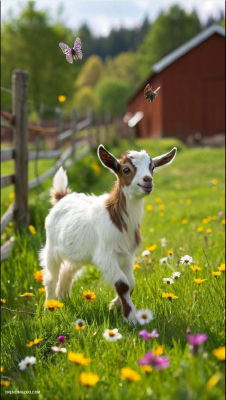 AI-generated image of a goat kid in a meadow with butterflies