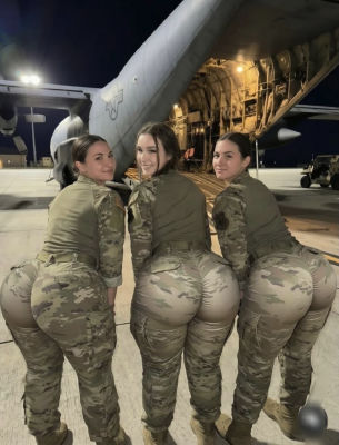 AI-generated image of three women in military uniforms posing by a cargo plane