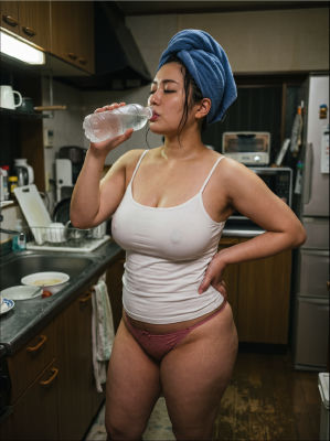 AI generated image of an unidentified woman  in a kitchen scene