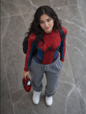 AI-generated image of a woman in a Spider-Man costume