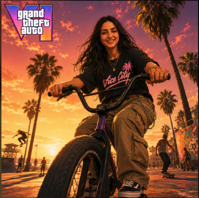 AI-generated image of a woman on a BMX at Venice Beach styled with GTA VI branding