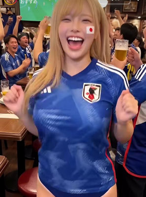 AI-generated image resembling Tsubasa Masuwaka in Japan jersey at World Cup viewing party