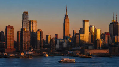 AI-generated image of the Manhattan skyline at sunset with the Empire State Building