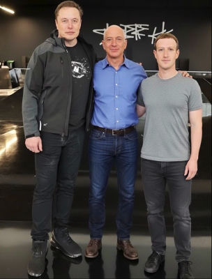 AI-generated image of Elon Musk, Jeff Bezos, and Mark Zuckerberg posing together
