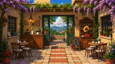 AI-generated illustration of a Mediterranean courtyard café with wisteria and gramophones