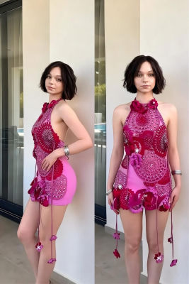 AI-generated image of a woman resembling Emma Myers in a pink floral mini dress