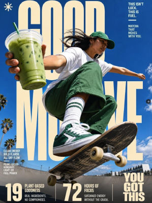 AI-generated 'Good Move' matcha poster featuring a skateboarder