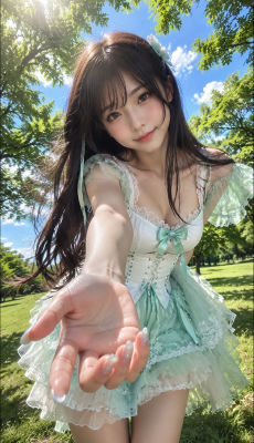 AI-generated image of a young woman in a frilled green dress reaching toward the camera
