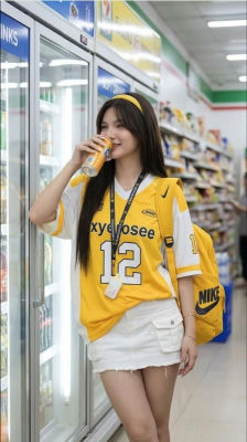 AI-generated image of a young woman drinking from a can in a convenience store